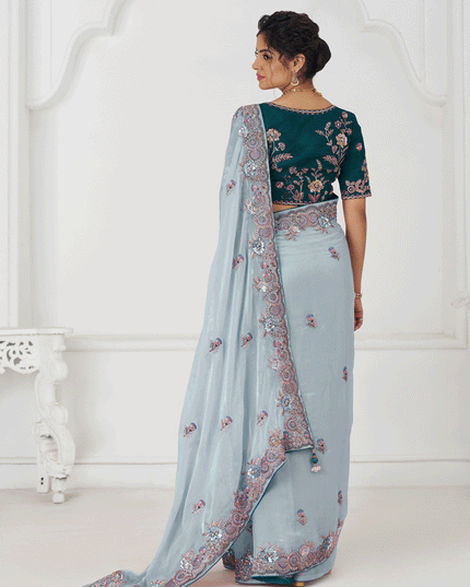 Sky Blue Fendi Silk Heavy Embroidered Floral Wedding Saree
