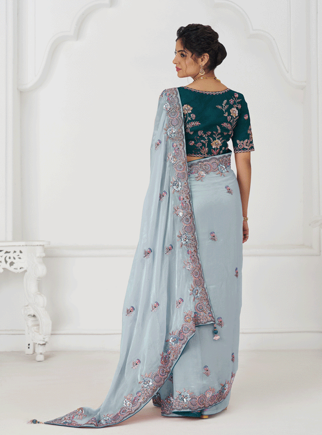 Sky Blue Fendi Silk Heavy Embroidered Floral Wedding Saree