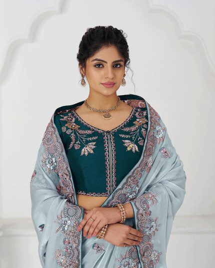 Sky Blue Fendi Silk Heavy Embroidered Floral Wedding Saree