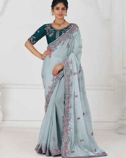 Sky Blue Fendi Silk Heavy Embroidered Floral Wedding Saree