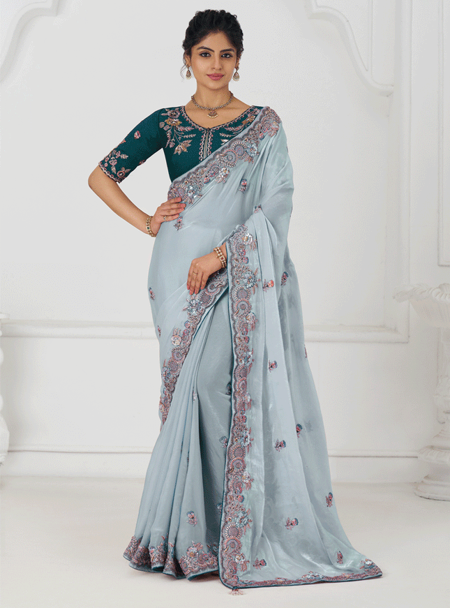 Sky Blue Fendi Silk Heavy Embroidered Floral Wedding Saree