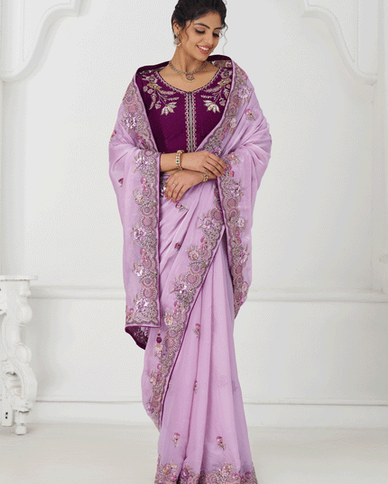 Mauve Fendi Silk Heavy Embroidered Floral Wedding Saree