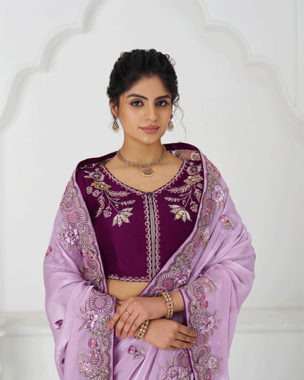 Mauve Fendi Silk Heavy Embroidered Floral Wedding Saree