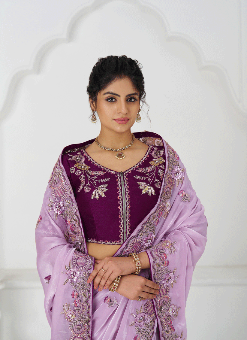 Mauve Fendi Silk Heavy Embroidered Floral Wedding Saree