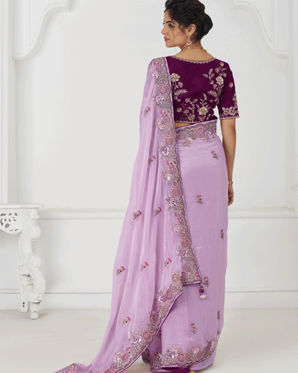 Mauve Fendi Silk Heavy Embroidered Floral Wedding Saree