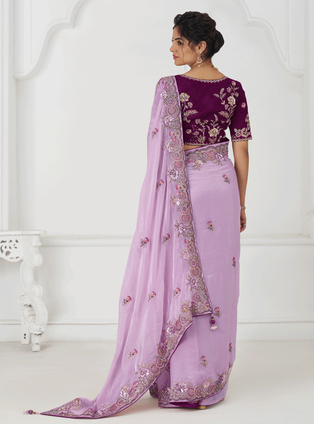 Mauve Fendi Silk Heavy Embroidered Floral Wedding Saree