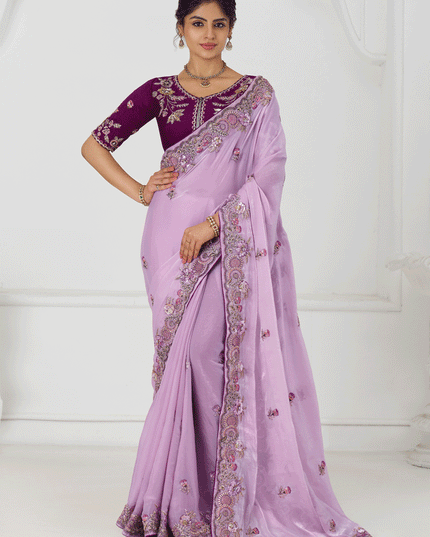 Mauve Fendi Silk Heavy Embroidered Floral Wedding Saree