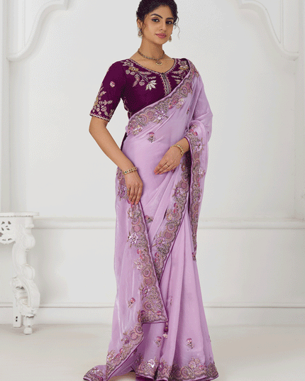 Mauve Fendi Silk Heavy Embroidered Floral Wedding Saree