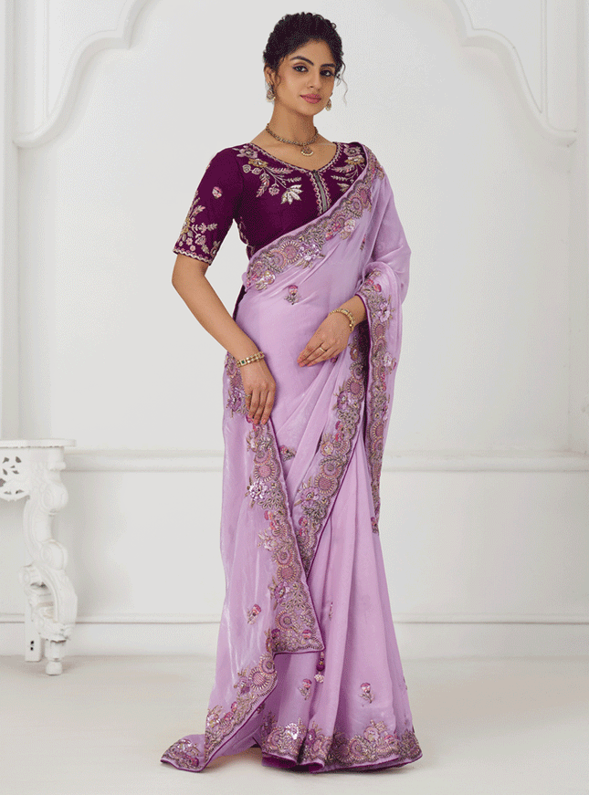 Mauve Fendi Silk Heavy Embroidered Floral Wedding Saree