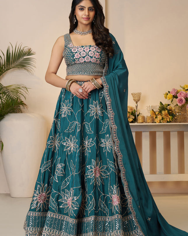Blue Heavy Embroidered Sattin Silk Lehenga Choli For Wedding Wear