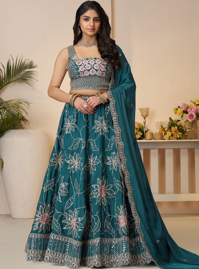 Blue Heavy Embroidered Sattin Silk Lehenga Choli For Wedding Wear