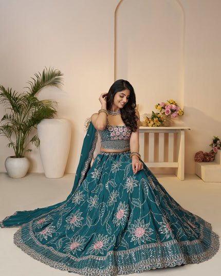 Blue Heavy Embroidered Sattin Silk Lehenga Choli For Wedding Wear