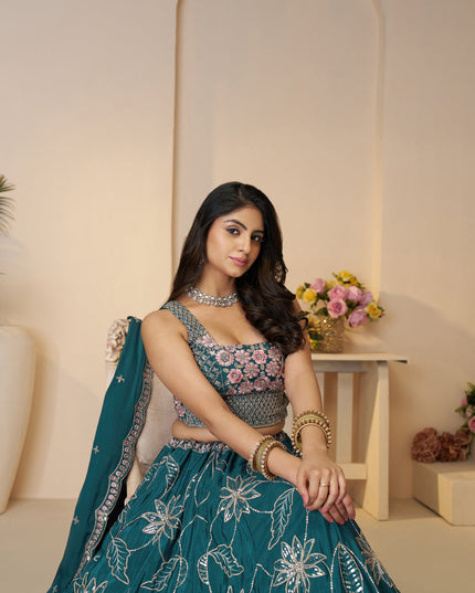 Blue Heavy Embroidered Sattin Silk Lehenga Choli For Wedding Wear