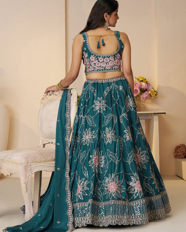 Blue Heavy Embroidered Sattin Silk Lehenga Choli For Wedding Wear