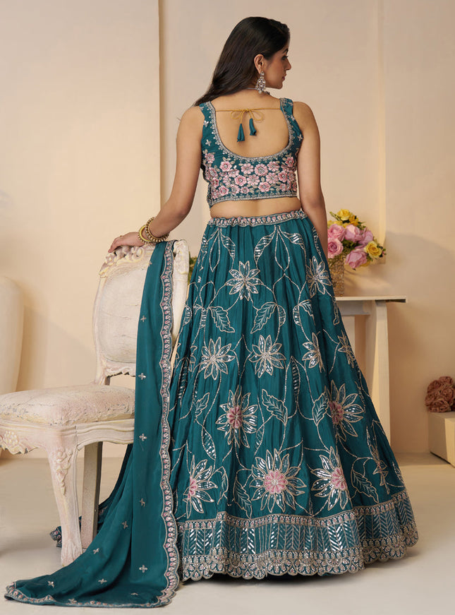 Blue Heavy Embroidered Sattin Silk Lehenga Choli For Wedding Wear