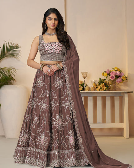 Fabulous Brown Embroidered Satin Lehenga Choli