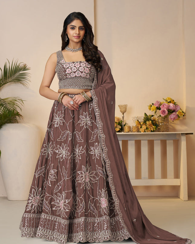 Fabulous Brown Embroidered Satin Lehenga Choli
