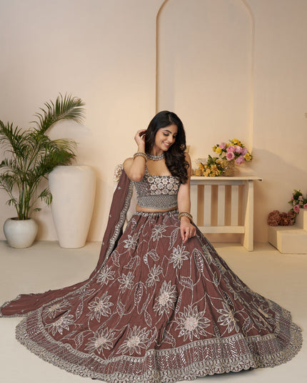 Fabulous Brown Embroidered Satin Lehenga Choli