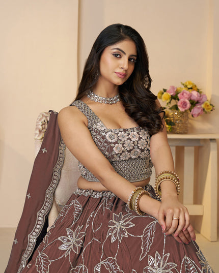 Fabulous Brown Embroidered Satin Lehenga Choli