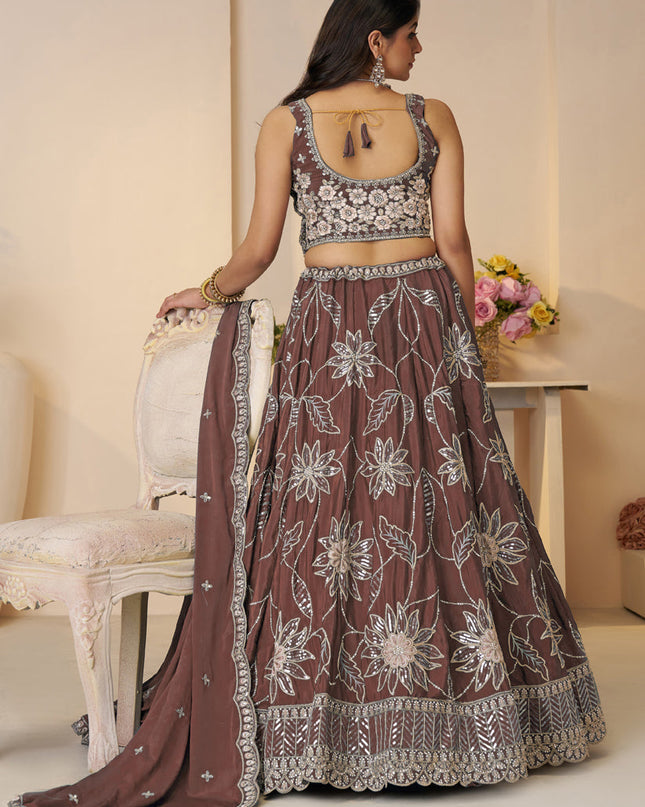 Fabulous Brown Embroidered Satin Lehenga Choli