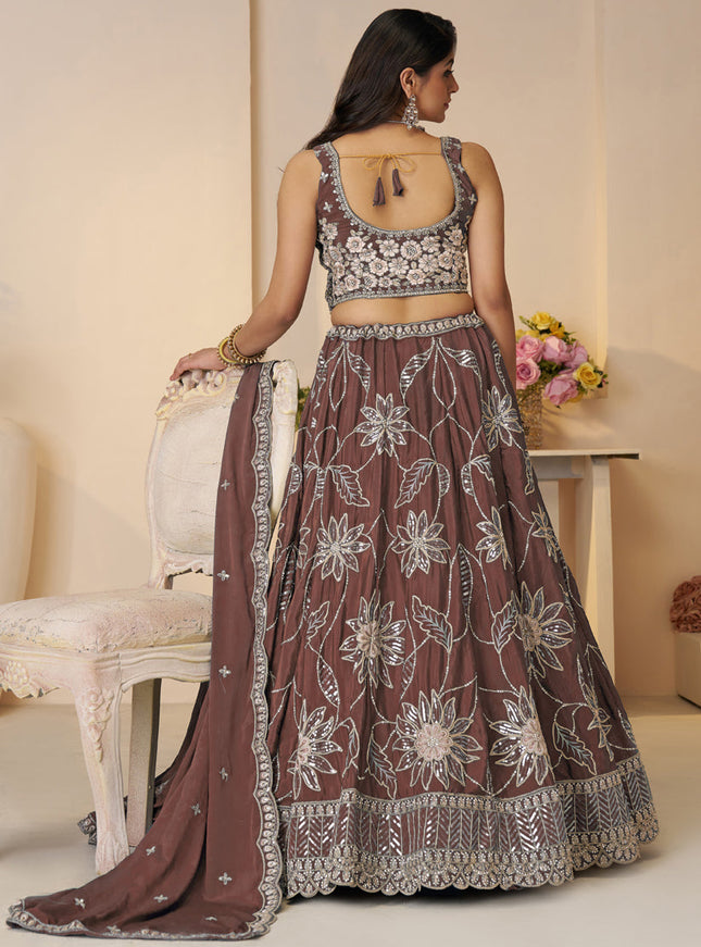 Fabulous Brown Embroidered Satin Lehenga Choli
