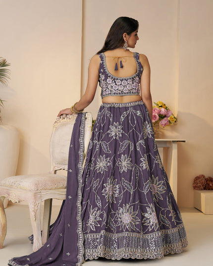 Awesome Purple Embroidered Satin Sangeet Wear Lehenga Choli
