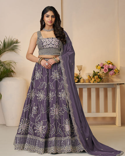 Awesome Purple Embroidered Satin Sangeet Wear Lehenga Choli