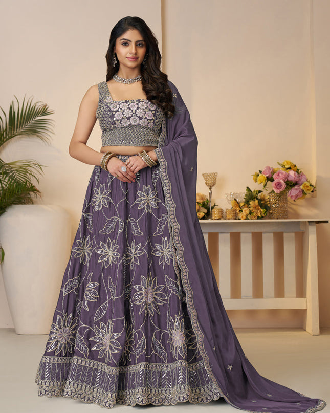 Awesome Purple Embroidered Satin Sangeet Wear Lehenga Choli