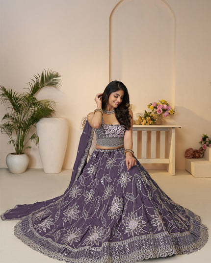 Awesome Purple Embroidered Satin Sangeet Wear Lehenga Choli