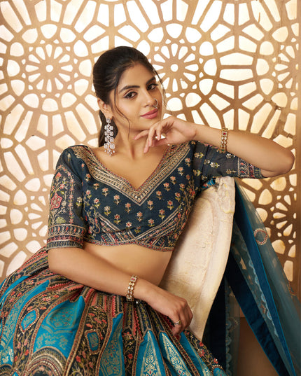Blue Heavy Embroidered Benarasi Lehenga Choli For Brides