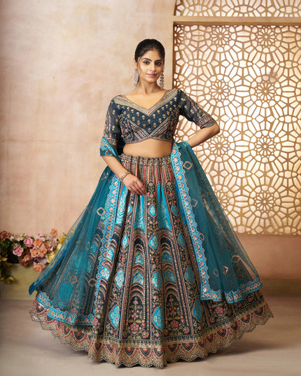 Blue Heavy Embroidered Benarasi Lehenga Choli For Brides