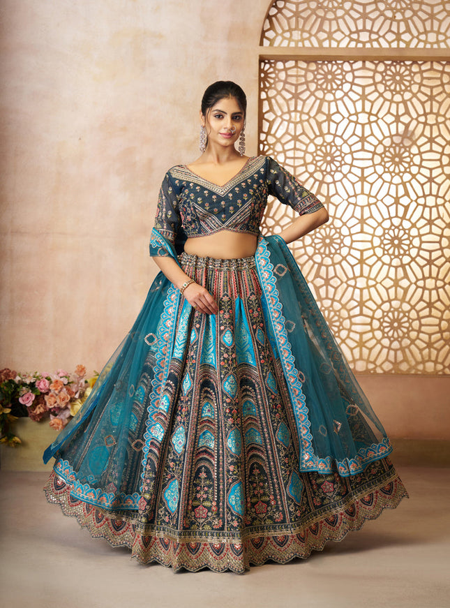 Blue Heavy Embroidered Benarasi Lehenga Choli For Brides