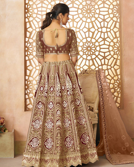 Brown Heavy Embroidered Sequins Banarasi Silk Lehenga Choli Wedding Wear