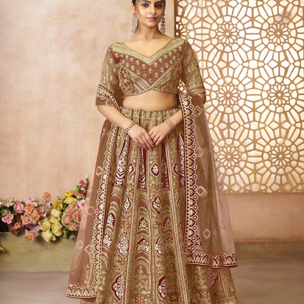 Brown Heavy Embroidered Sequins Banarasi Silk Lehenga Choli Wedding Wear