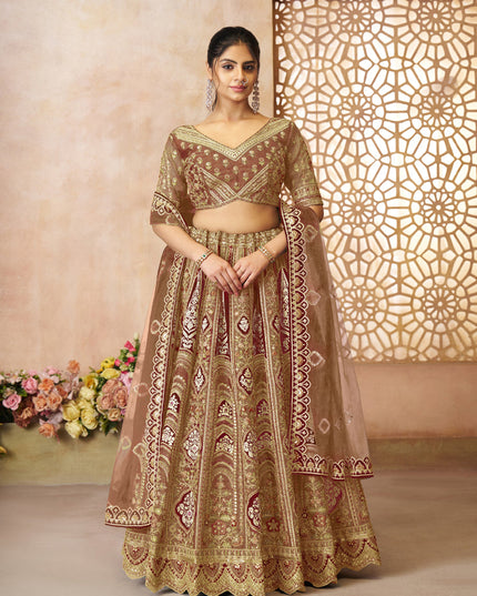 Brown Heavy Embroidered Sequins Banarasi Silk Lehenga Choli Wedding Wear