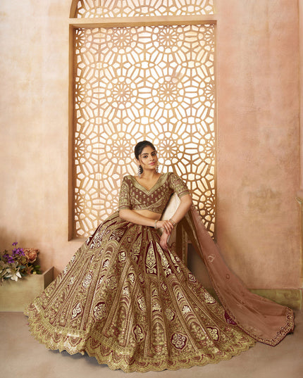 Brown Heavy Embroidered Sequins Banarasi Silk Lehenga Choli Wedding Wear