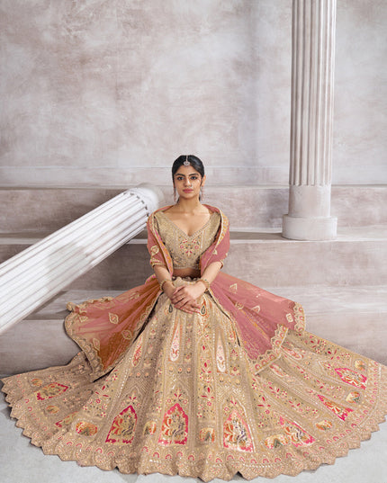 Champagne Heavy Embroidered Benarasi Lehenga Choli For Brides