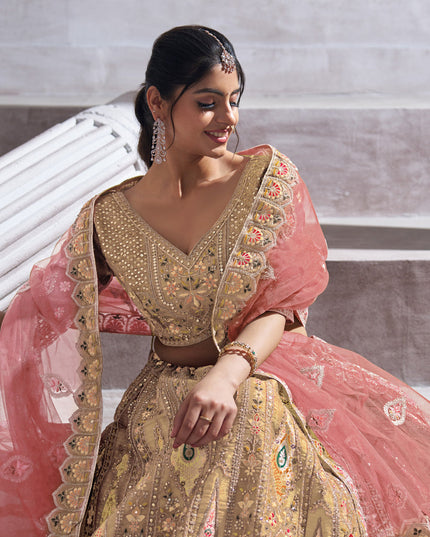 Champagne Heavy Embroidered Benarasi Lehenga Choli For Brides