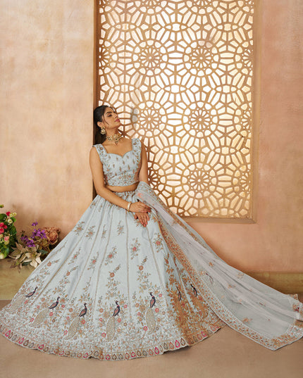 Sky Blue Zari Silk Bridal Lehenga Choli