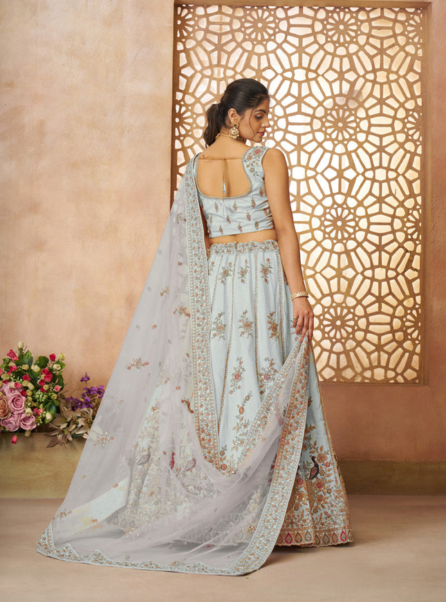 Sky Blue Zari Silk Bridal Lehenga Choli