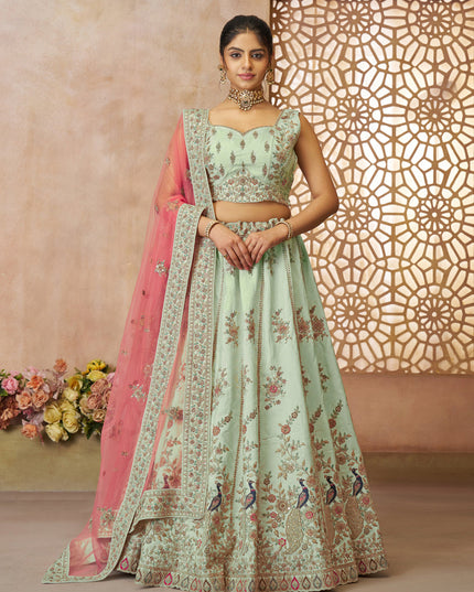 Green Peacock Embroidered Zari Silk Bridal Lehenga Choli