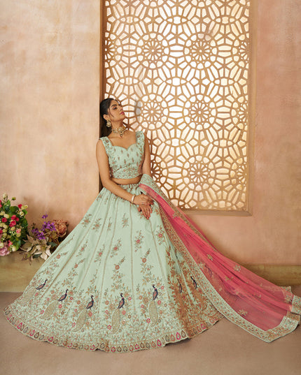 Green Peacock Embroidered Zari Silk Bridal Lehenga Choli