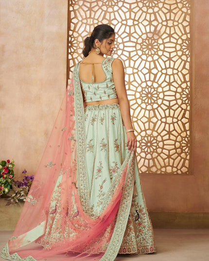 Green Peacock Embroidered Zari Silk Bridal Lehenga Choli