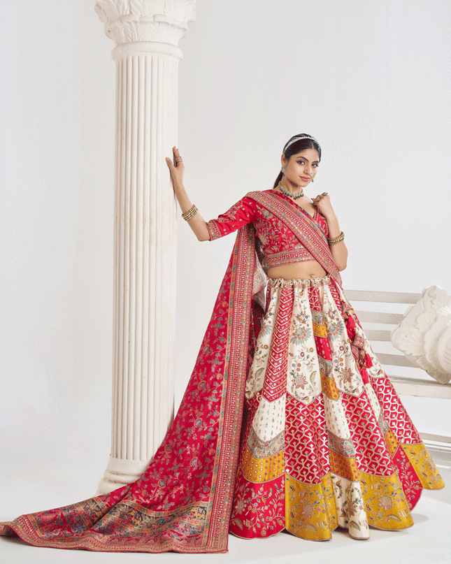 White Banarasi Silk Bridal Wear Embroidered Heavy Lehenga Choli