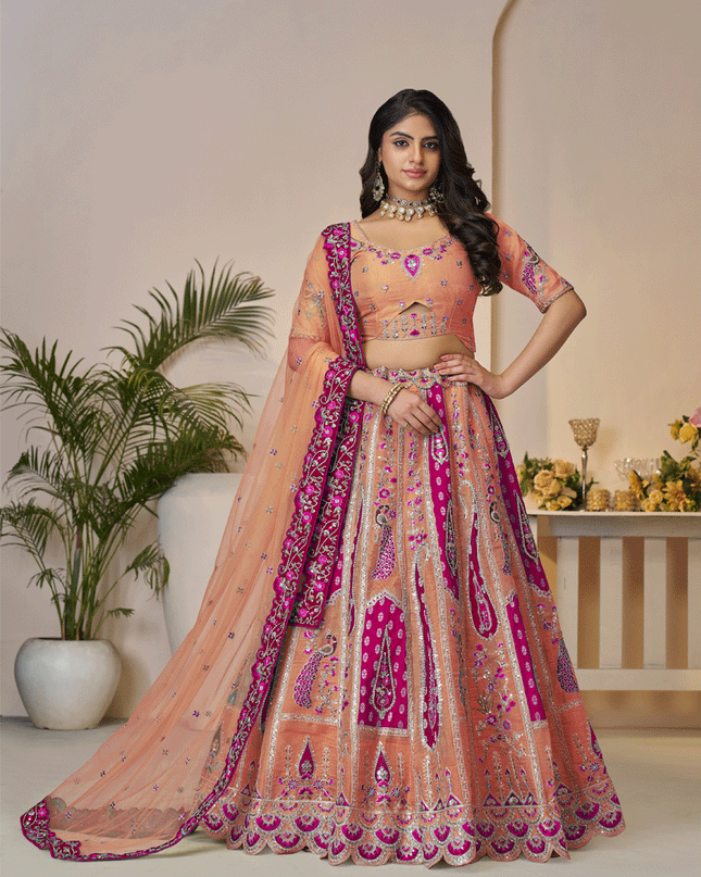 Stunning Orange Thread Embroidered Banarasi Silk Wedding Lehenga Choli