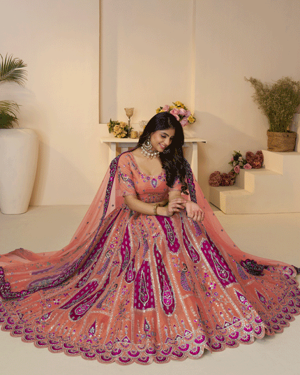 Stunning Orange Thread Embroidered Banarasi Silk Wedding Lehenga Choli
