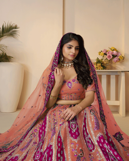 Stunning Orange Thread Embroidered Banarasi Silk Wedding Lehenga Choli