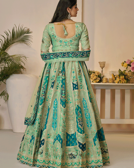 Spectacular Green Embroidered Banarasi Silk Wedding Festive Lehenga Choli