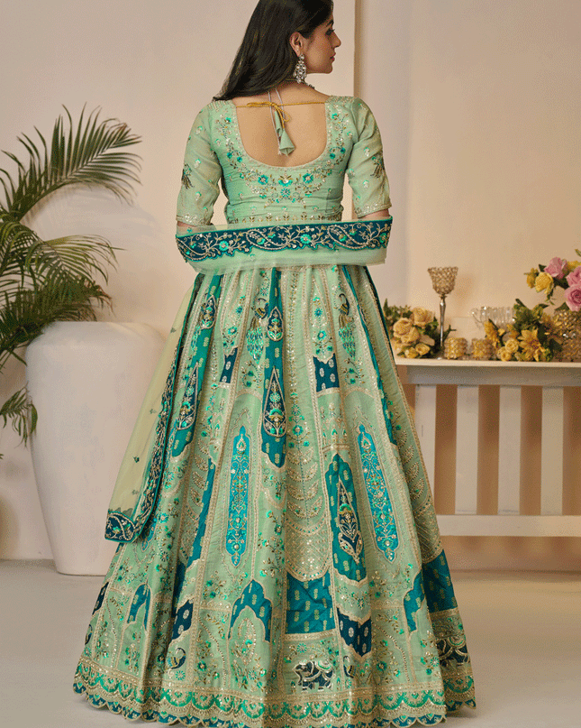 Spectacular Green Embroidered Banarasi Silk Wedding Festive Lehenga Choli