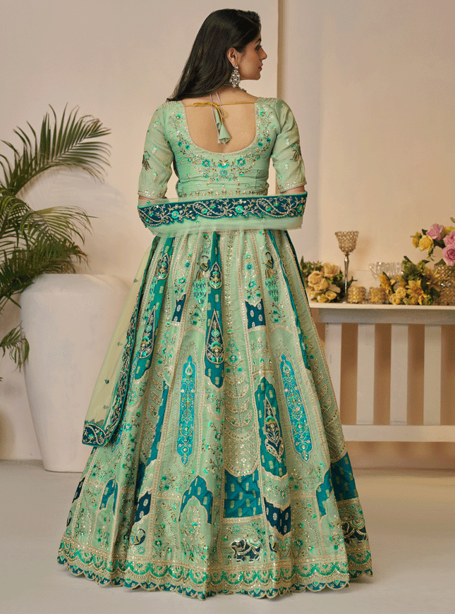 Spectacular Green Embroidered Banarasi Silk Wedding Festive Lehenga Choli